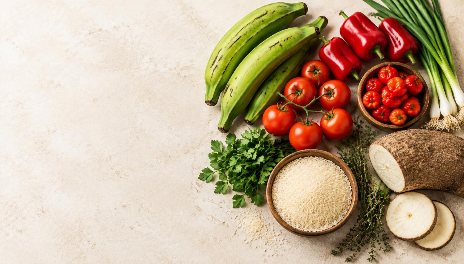 Plantain, peppers, tomatoes, yam, rice and fresh herbs